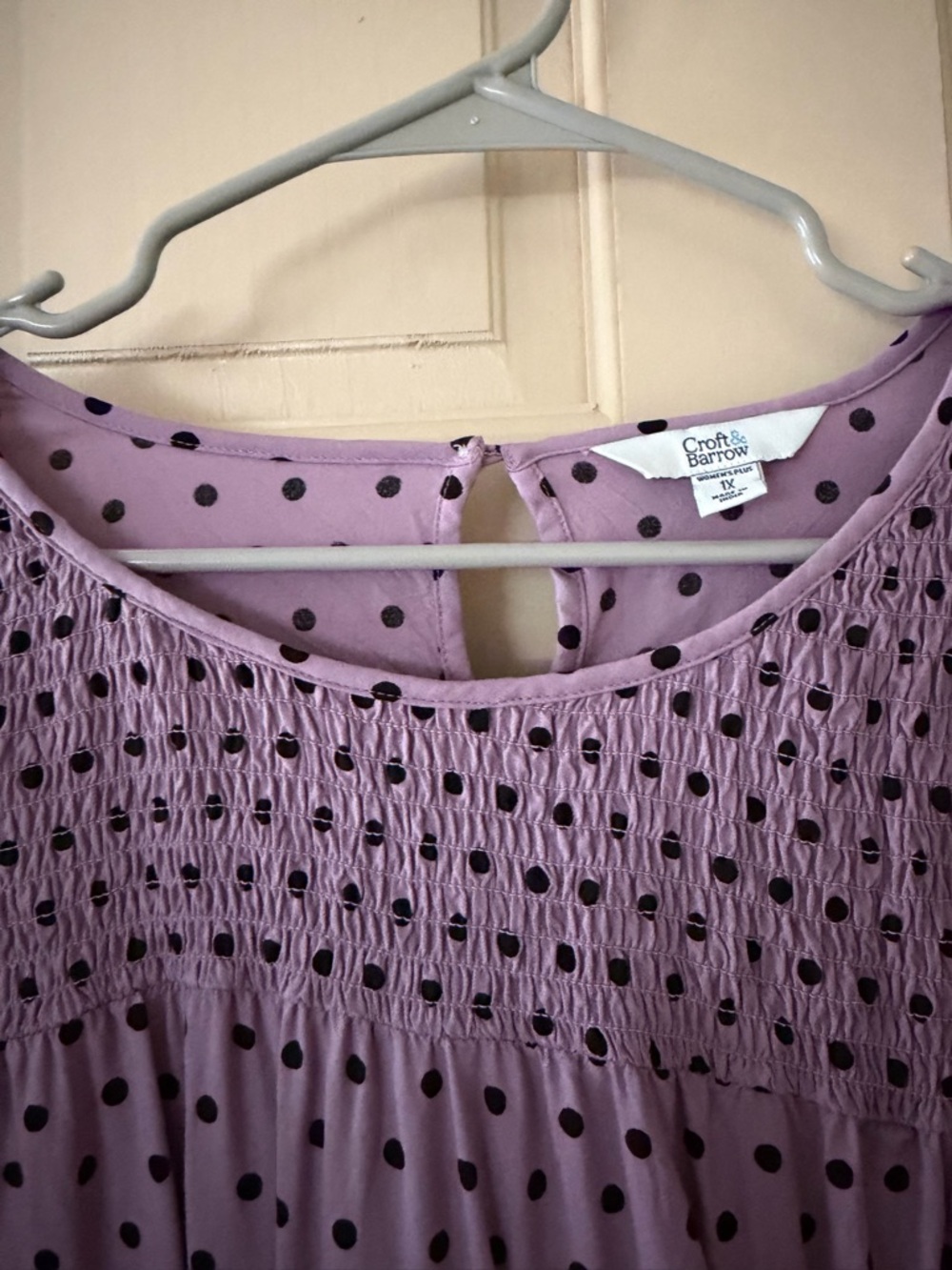 croft & barrow Lavender Polka Dot Smocked Blouse - Picture 9 of 9